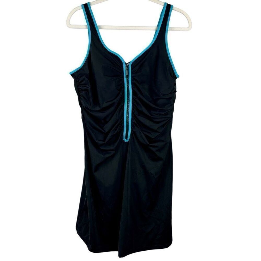 Women’s Black Turquoise Zip One Piece Skirt Swimsuit 14W